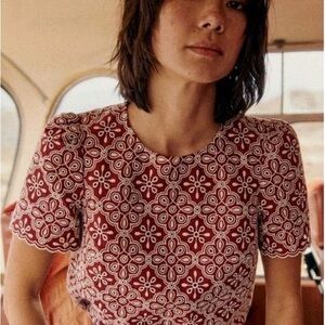 Sezane NWOT Annabelle Blouse Burgundy Ecru Eyelet Cotton Blend Top Sz 34/ US 2